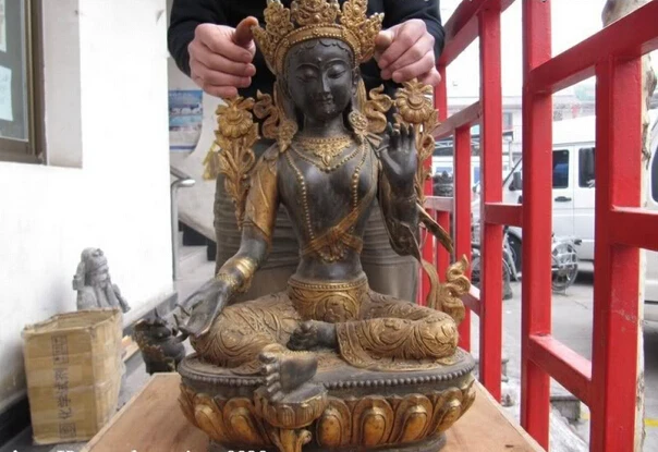 

150401 S0709 Tibet Copper Bronze gild Green TaRa Buddha padma Kwan-Yin Guan Yin Buddha Statue