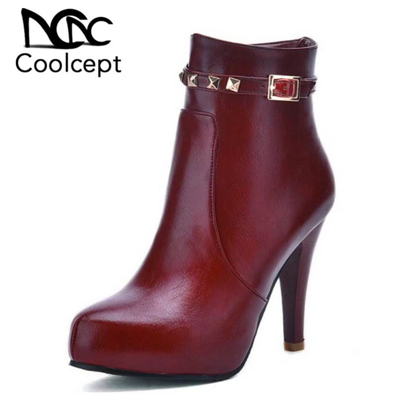 Coolcept Women High Heel Half Boots Patent Leather Pointed Toe Shoes Woman Heeled Heels Botas
