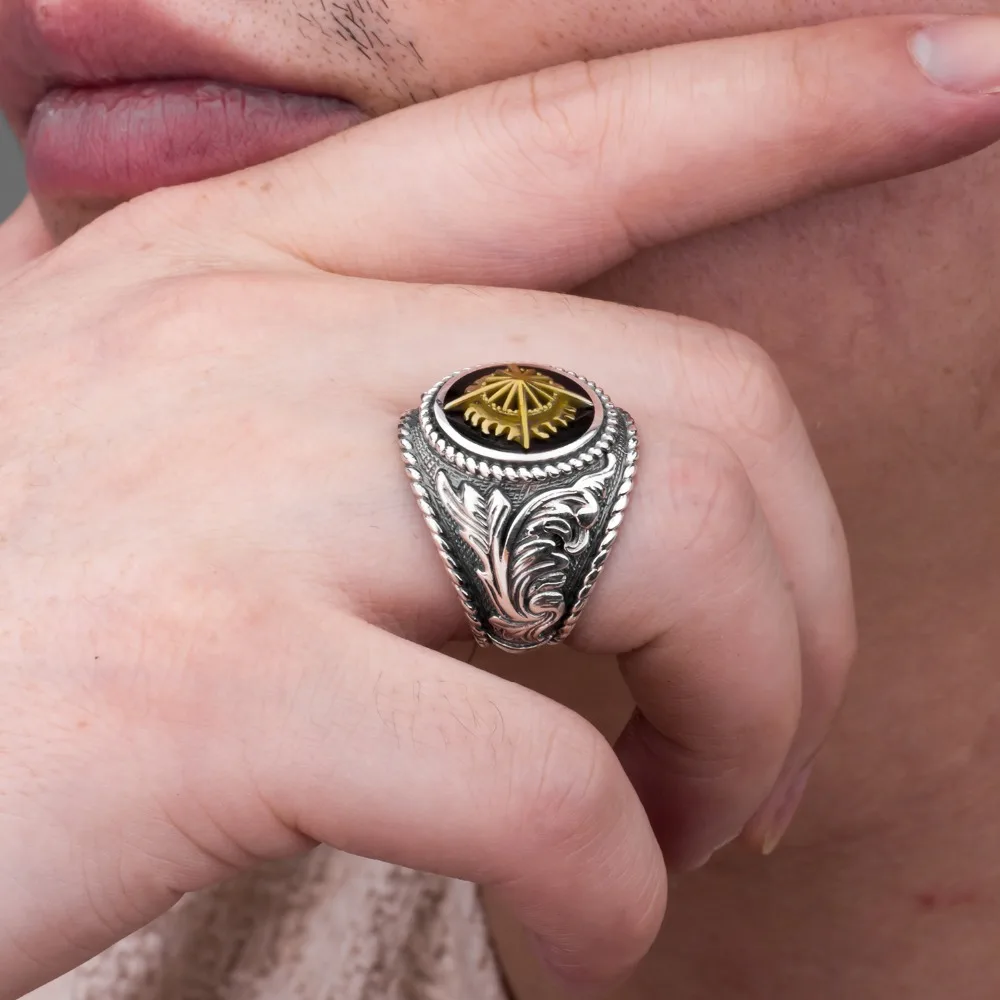 MetJakt, Ретро стиль, 925 пробы, серебряное, Открытое кольцо и ручная работа, золотое, с рисунком солнца, для личности, для мужчин, панк, Ювелирное кольцо, для лица, 2,2 см