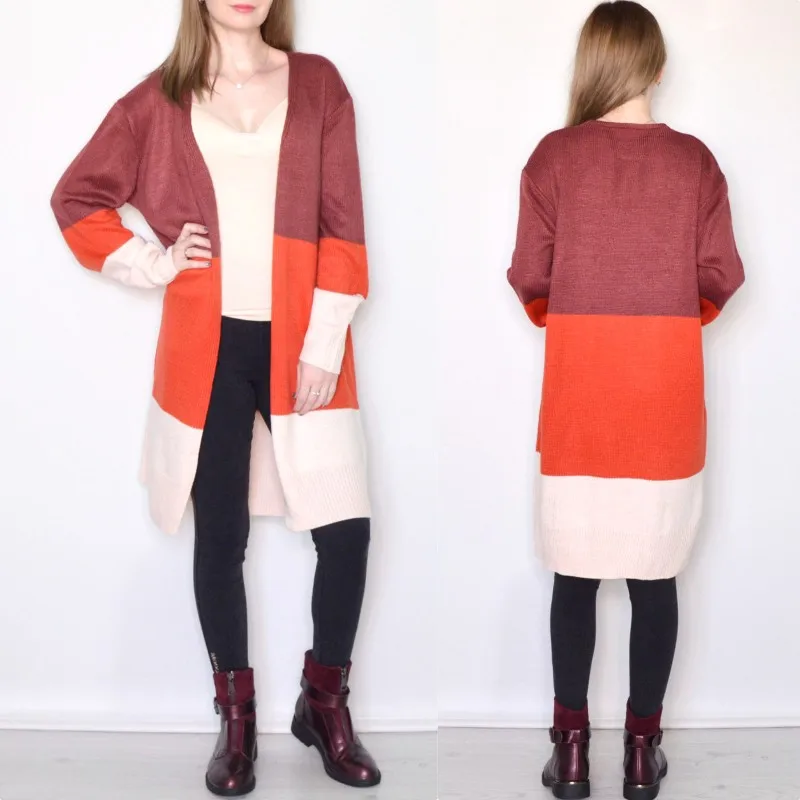 Long Cardigan Women Collarless Sleeve Color Block Loose Open Stitch Mujer Casual Fall Fashion 2018 Female |