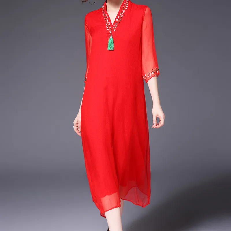 Богемное платье для женщин летнее красное шифоновое платье модное пляжное платье с вышивкой плюс размер женское элегантное платье IOQRCJVH349