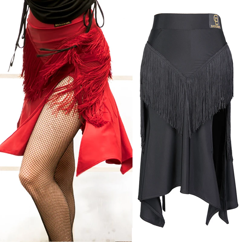 Красная юбка для латинских танцев для дам/женщин/взрослых, юбка с бахромой, открытый подол, Румба, фламенко, профессиональный черный танцевальный костюм, VDB183