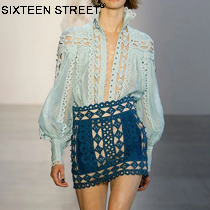

2019 New Summer White blouses and shirts stand neck black lace hollow out elegant long sleeve autumn blouse top for ladies