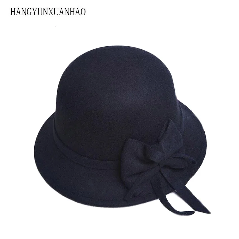 

Winter Women Solid Imitation Wool Bowknot Fedoras Felt Cloche Hats Fedoras Vintage Western Bucket Hats Warm Female Bowler Hats