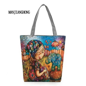 

Manjianghong Large Capacity Female Single Shoulder Bag Characters Printed Canvas Tote Handbags Daily Use Canvas Shopping Bag