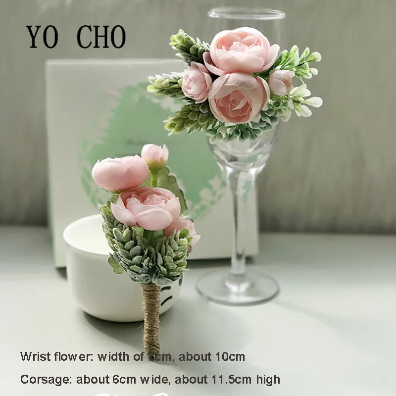 

DIY Bride Boutonnieres Corsages Hand Flores Silk Wrist Flower Yellow Wedding Bouquet for Bridesmaid Decor Pin Rose Wrist Flowers