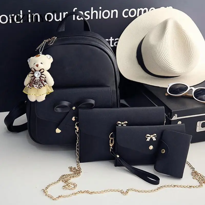 Best 4 pcs Set Women Backpack Small Size Fashion Teenage Girls Schoolbag with Bear PU Leather Backpacks with Purses Mochila Feminina