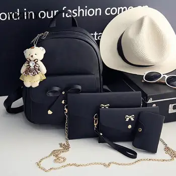 

4 pcs/Set Women Backpack Small Size Fashion Teenage Girls Schoolbag with Bear PU Leather Backpacks with Purses Mochila Feminina
