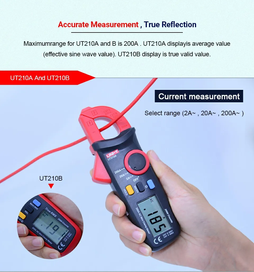 UNI-T UT210B мини токовые клещи 2A/20A/200A Цифровой мультиметр переменного тока измерения с диодом тесты и подсветка дисплей