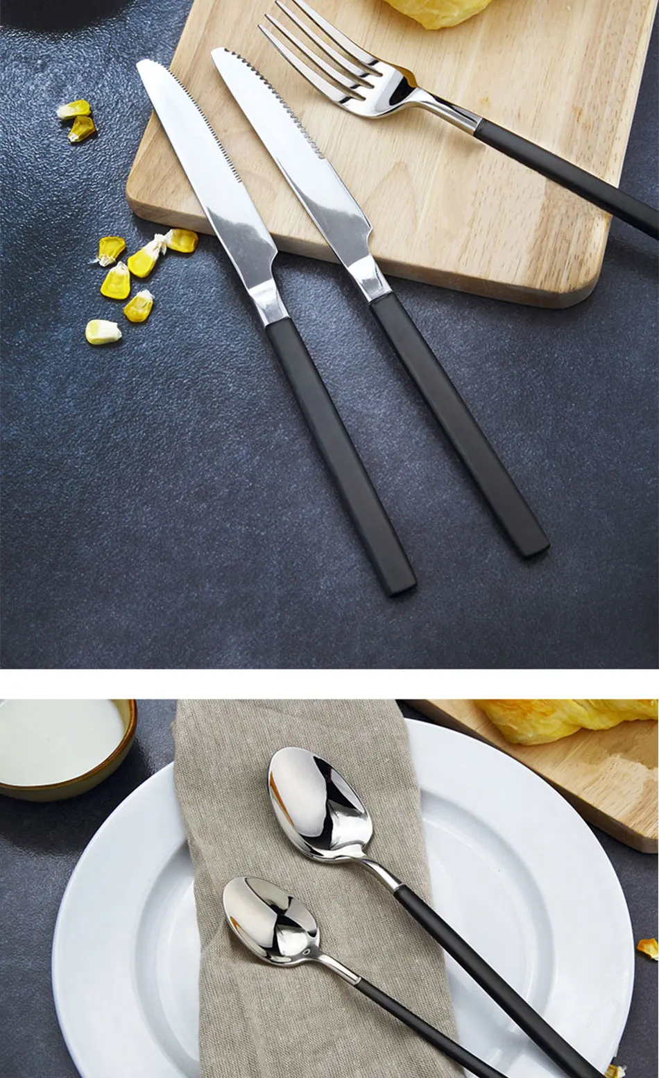 Silver Plating Black Handle Dinnerware Set 304 Stainless Steel Knife Fork Tableware Set Cutlery Dinner Feast Western Food Sets (8)
