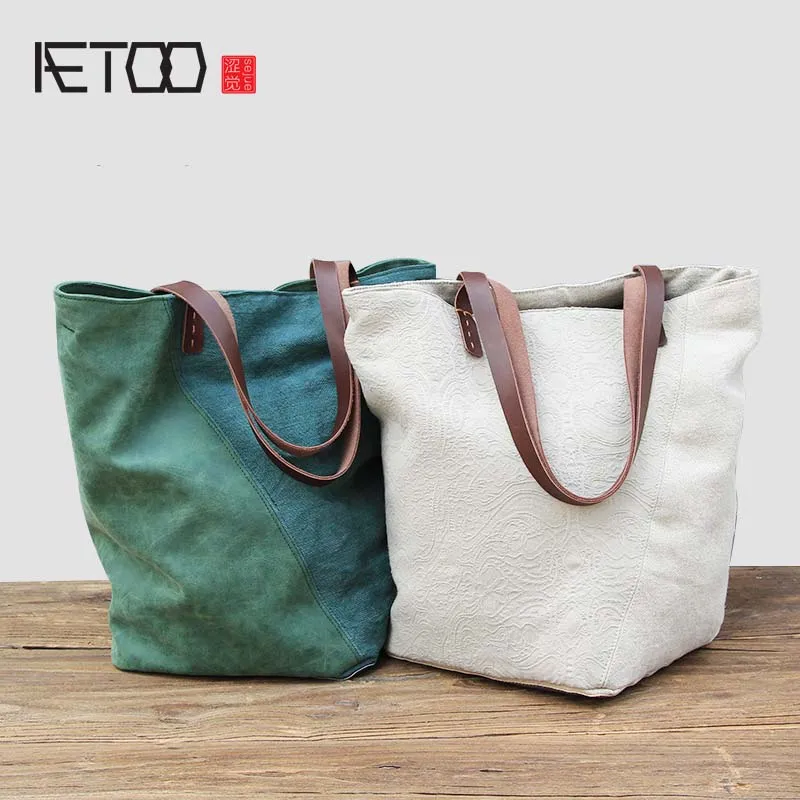 AETOO Large capacity canvas bag patchwork art single shoulder bag women vintage simple portable large cotton linen handbag 