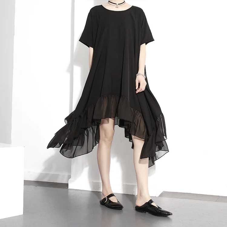 Платье женское шифоновое асимметричное модное свободное черное платье с принтом