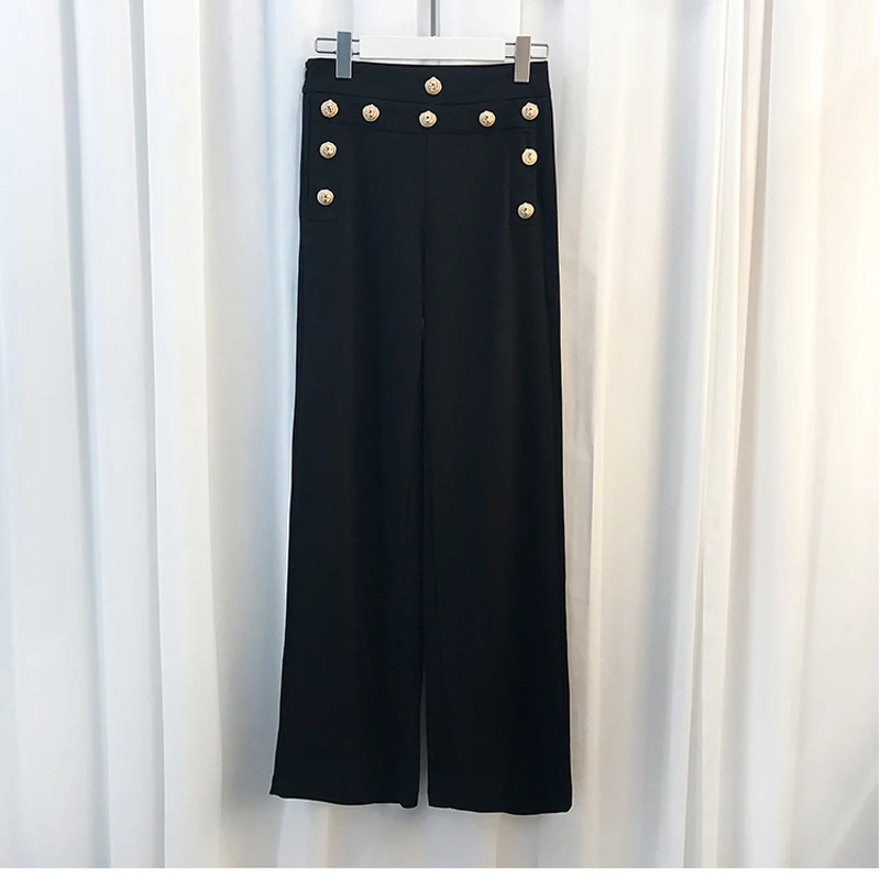 Брюки женские золотого цвета с металлическими кнопками львами|leg pants|designer pant