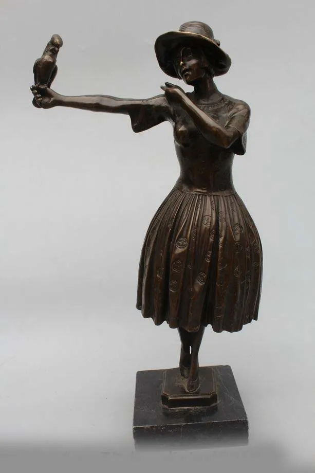 

14"Western Art sculpture Bronze Marble Belle Girl Play parrot Statue sculpture