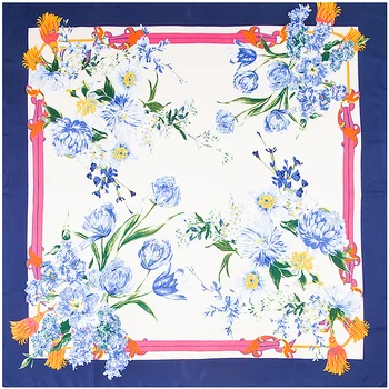 

130 cm Square Silk Scarf Flower Digital Print Foulard Unique Color Floral Large Bandana NEW [3605]