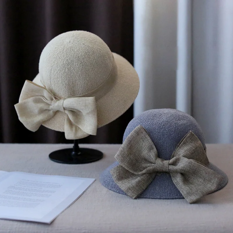 

Women Caps Hats Solid Color Cotton Linen Hats Spring Summer Beach Bow Folding Sunhat FI-19ING