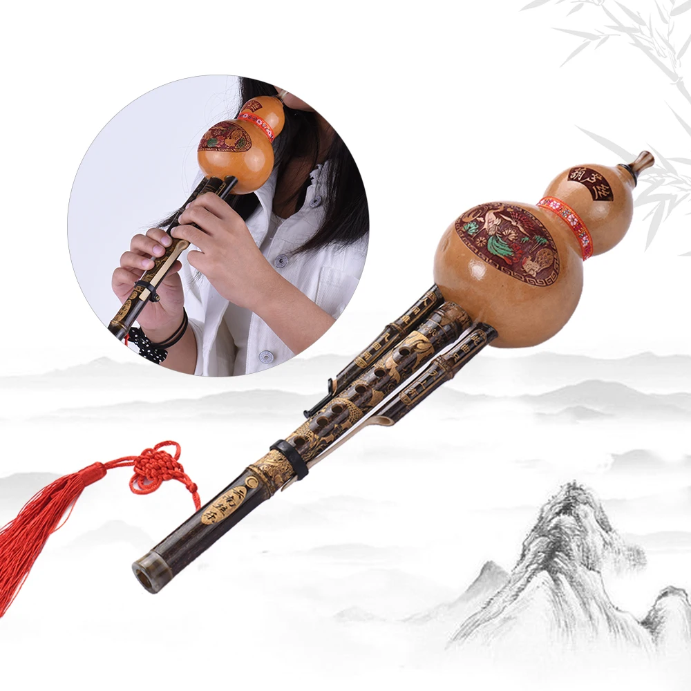 Chinese Handmade Black Bamboo Hulusi Gourd Cucurbit Flute Ethnic Musical Instrument Key of C with Case for Beginner Music Lovers