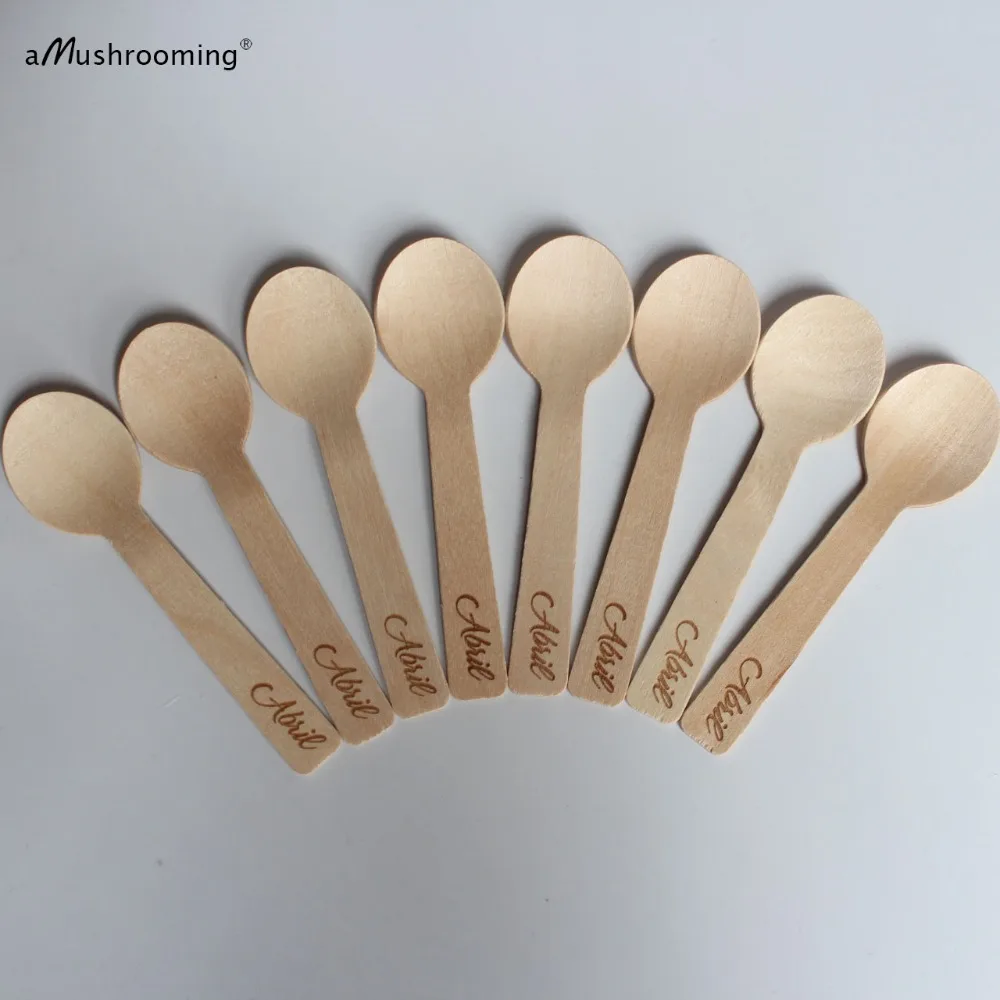 100 Personalized Small Round Ice Cream Spoons 4 Inch Disposable Wood Baby Shower Birthday Rustic Wedding Taster