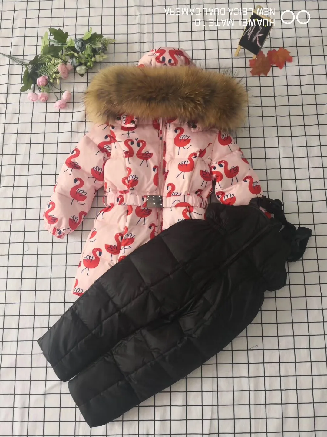 Пуховик для девочек зимняя одежда Детские куртки+ брючные комбинезоны зимнее детское пуховое пальто натуральная меховая верхняя одежда с капюшоном и поясом - Цвет: set 1