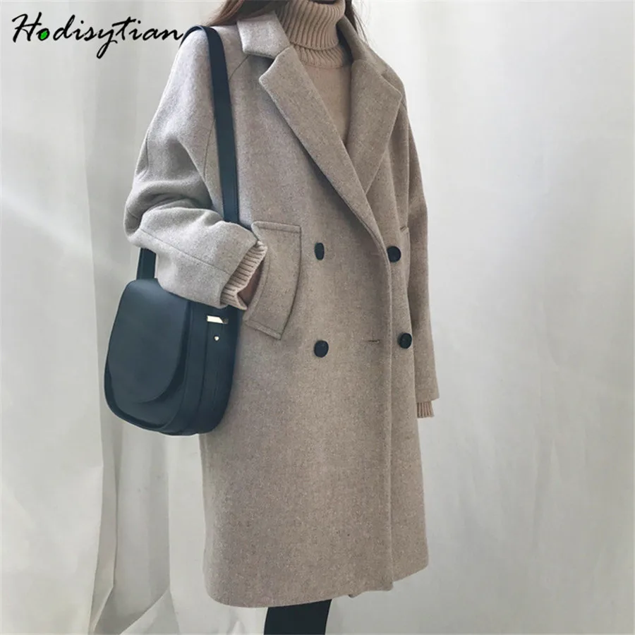 Hodisytian Inverno Moda Feminina Mistura Solto Duplo Breasted Cabolsa Casual Elegante Algodão Sólido Grosso Femme Cashmere lã