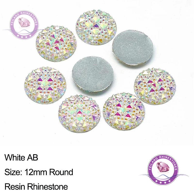 

Feilang 100PCS 12mm Bling White AB Resin Rhinestone Round Flatback Cabochon Stone DIY Wedding Decoration Crafts