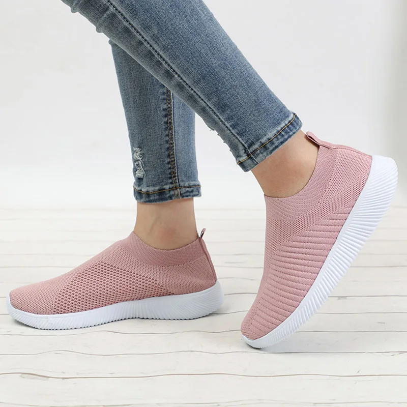 

Women Flat Knitting Spring Sneakers Shoes 2019 New Plus Size Female Mesh Vulcanized Ladies Slip On Breathable Casual Footwear