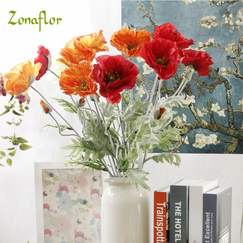 

5pcs Artificial Big Poppy Flower With Leaves Fleurs Artificielles For Autumn Fall Home Party Decoration Wreath Fake Silk Flowers