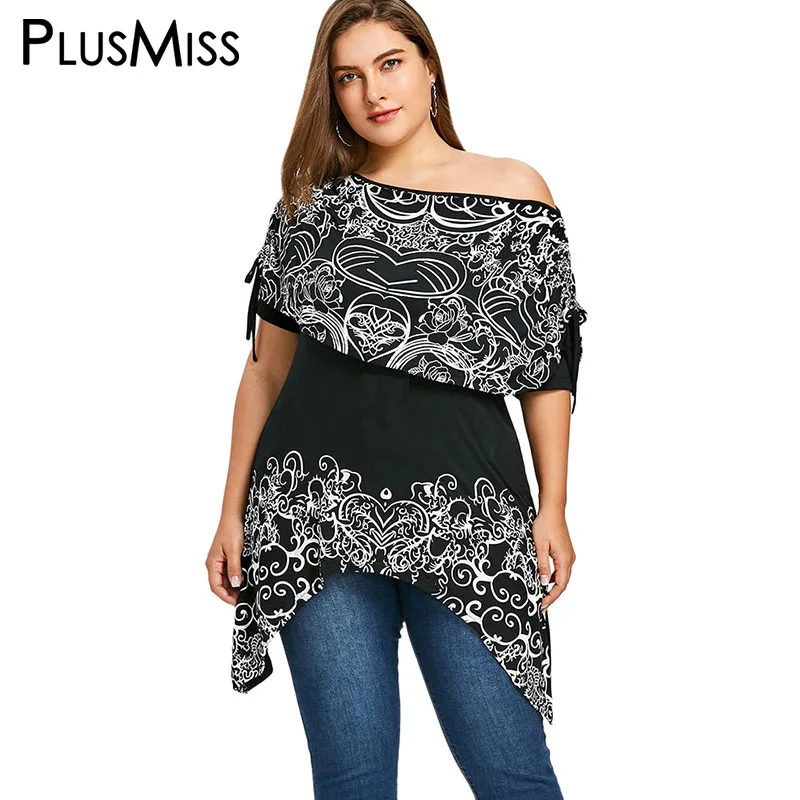 

PlusMiss Plus Size 5XL 4XL Bandana Floral Print Tops Tee Women Big Size Cloak Sleeve Off Shoulder Cape T-shirts Ladies T Shirts