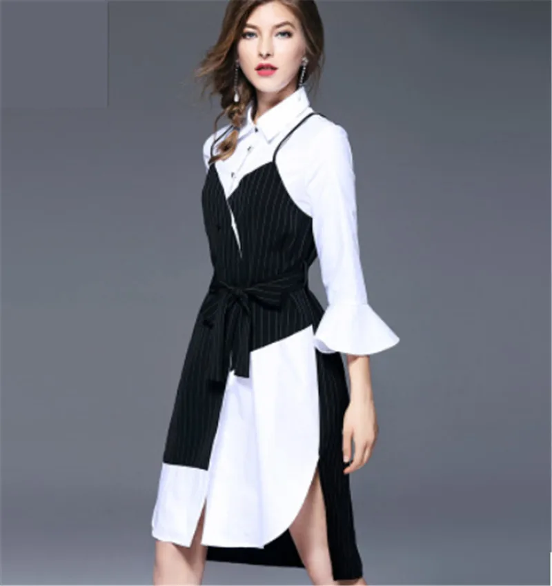 2022 Spring Autumn Dress Korean Fake Two-piece Flare Sleeves Work Dress Irregular Elegant Black White OL Dress Chic Shirt Dress