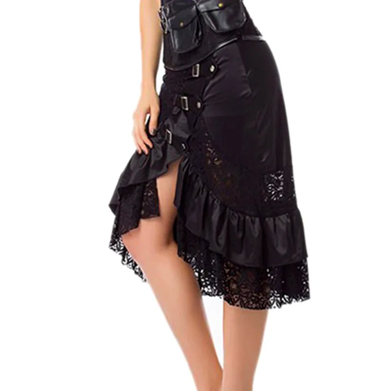 Черная юбка в стиле бурлеск в стиле панк с пряжками, юбка с оборками и кружевом, корсеты и бюстье в стиле стимпанк