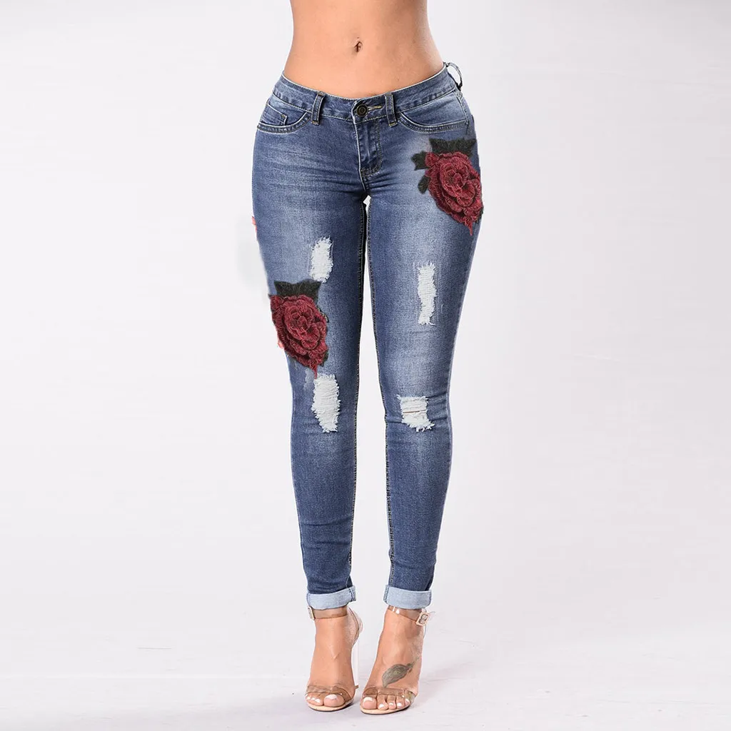 Рваные джинсы для женщин модные брюки повседневные с дырками Вышивка Длинные джинсы Уличная женские джинсы