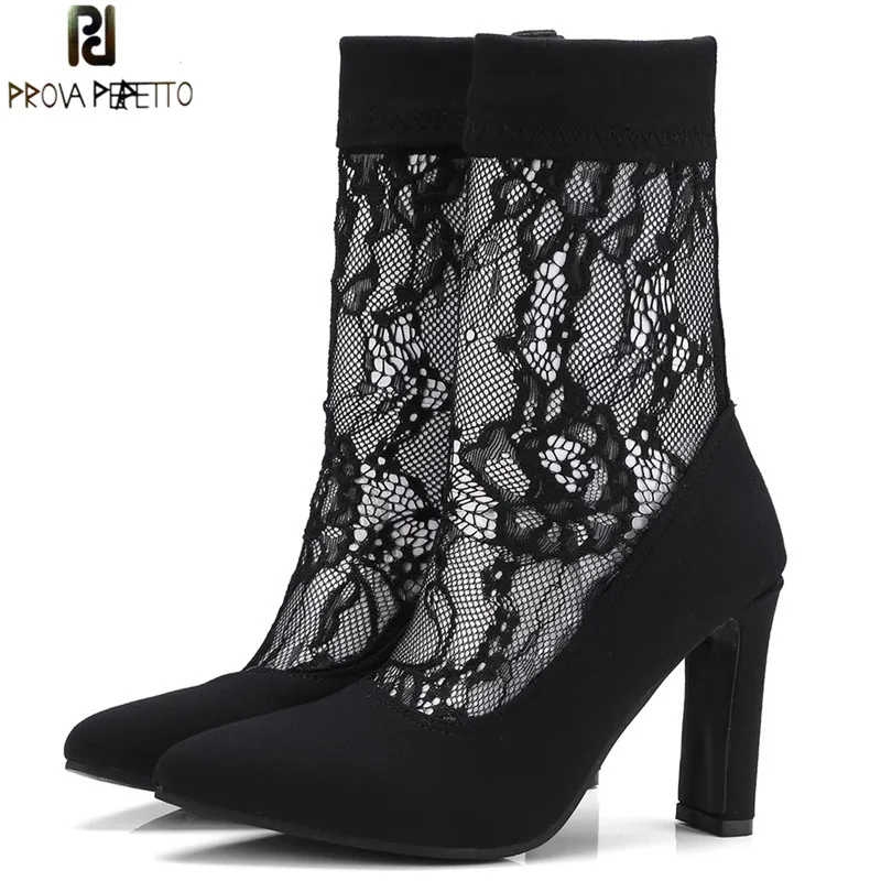 

Prova Perfetto Sexy Lace Ankle Boots Square High Heels Sock Boots Women Pointed Toe Stretch Boots Short Boots Large Size 32-43