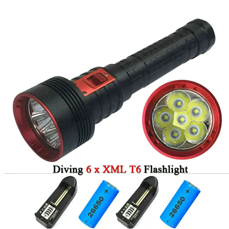 

10000 lumens Powerful diving flashlight torch led 6T6 CREE XM L T6 2X 26650 Rechargeable Battery Portable Underwater Lights 2016