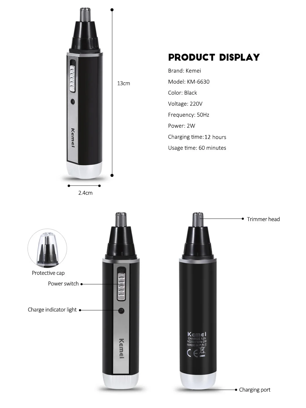 Kemei KM-6630 4 in 1 Nose Hair Beard Eyebrow Rechargeable Electric Trimmer For Men Electric Nose Trimmer Ear Shaver Hair Cliper