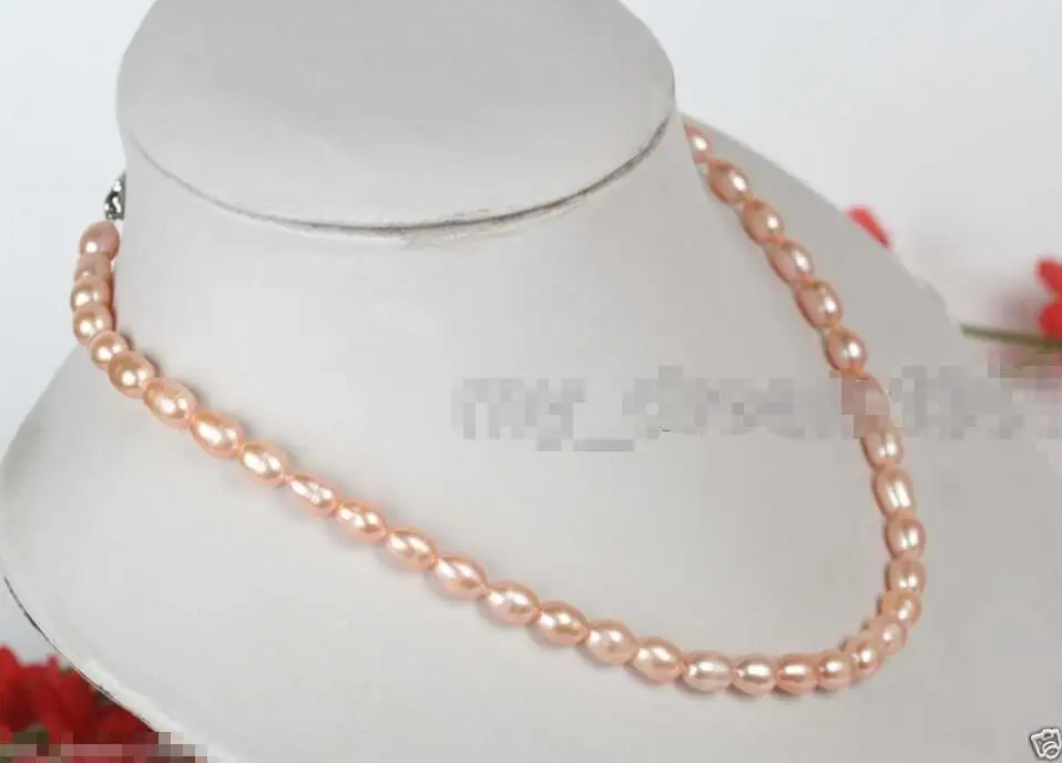 

Hot sale new Style >>>>>Genuine 7-8mm Natural Pink Freshwater cultured Rice pearl Necklace 17''