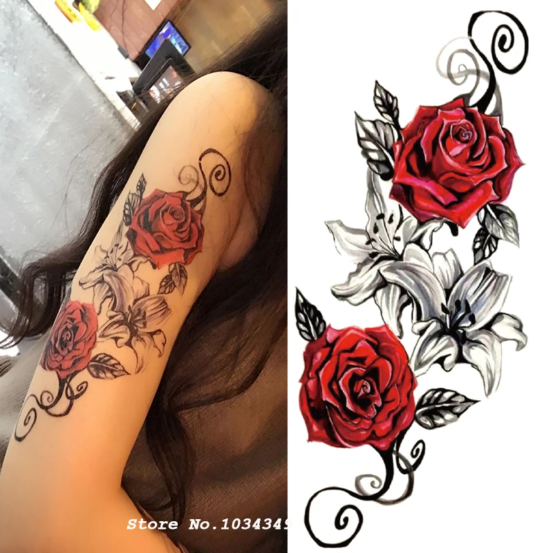 066 20 De Réduction1 Pièce Fleur Bras Tatouage Décalcomanie Corps Art Beauté Femmes Rose Temporaire Tatouage Autocollant In Tatouages éphémères