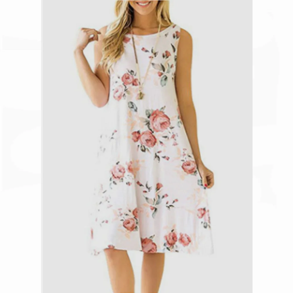 

2019 Women Summer Dress Floral Print Sleeveless Casual Dress Tank Dress Cotton Short Retro Vintage Dresses