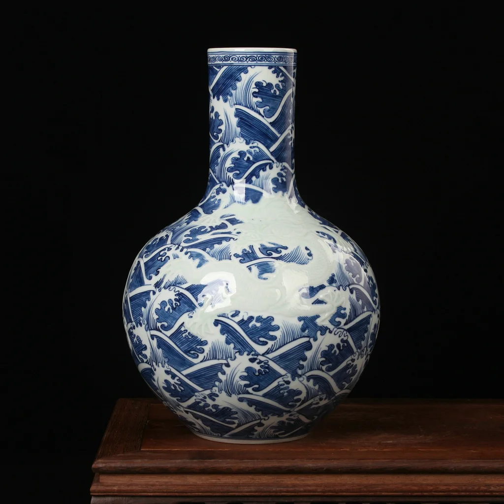 

High Grade Antique Handicraft Blue And White Porcelain Carving Sea Water Dragon Sky Jingdezhen Vase Ceramic Decoration vase