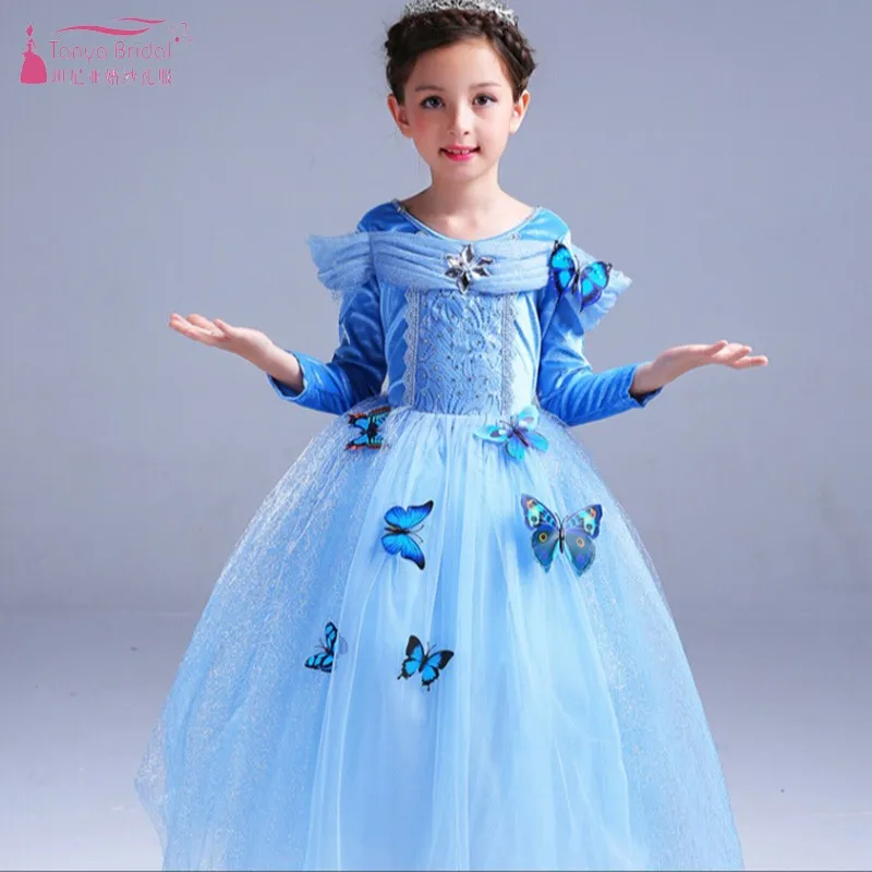 

Light Blue Long Sleeves Flower Girl Dresses Bow Kids Party Dress Gown Pageant Dresses For Girls JQ207