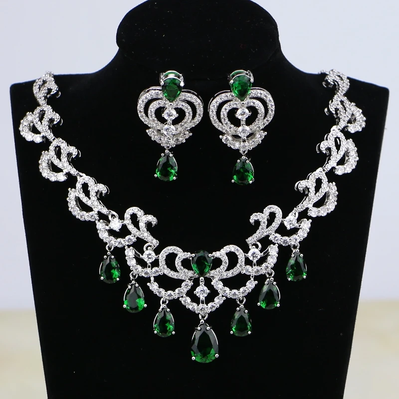 925 женский серебряный Драгоценная Капля воды Зеленый фианит белого цвета с украшением в виде кристаллов для Для женщин свадебные серьги подвеска ожерелье