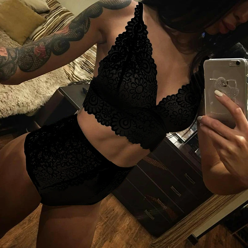 DeRuiLaDy Elegant Lace Bra Set Ultra-thin Seamless Deep V Bra Panties Set Hollow Out Transparent Sexy Lingerie Underwear Women