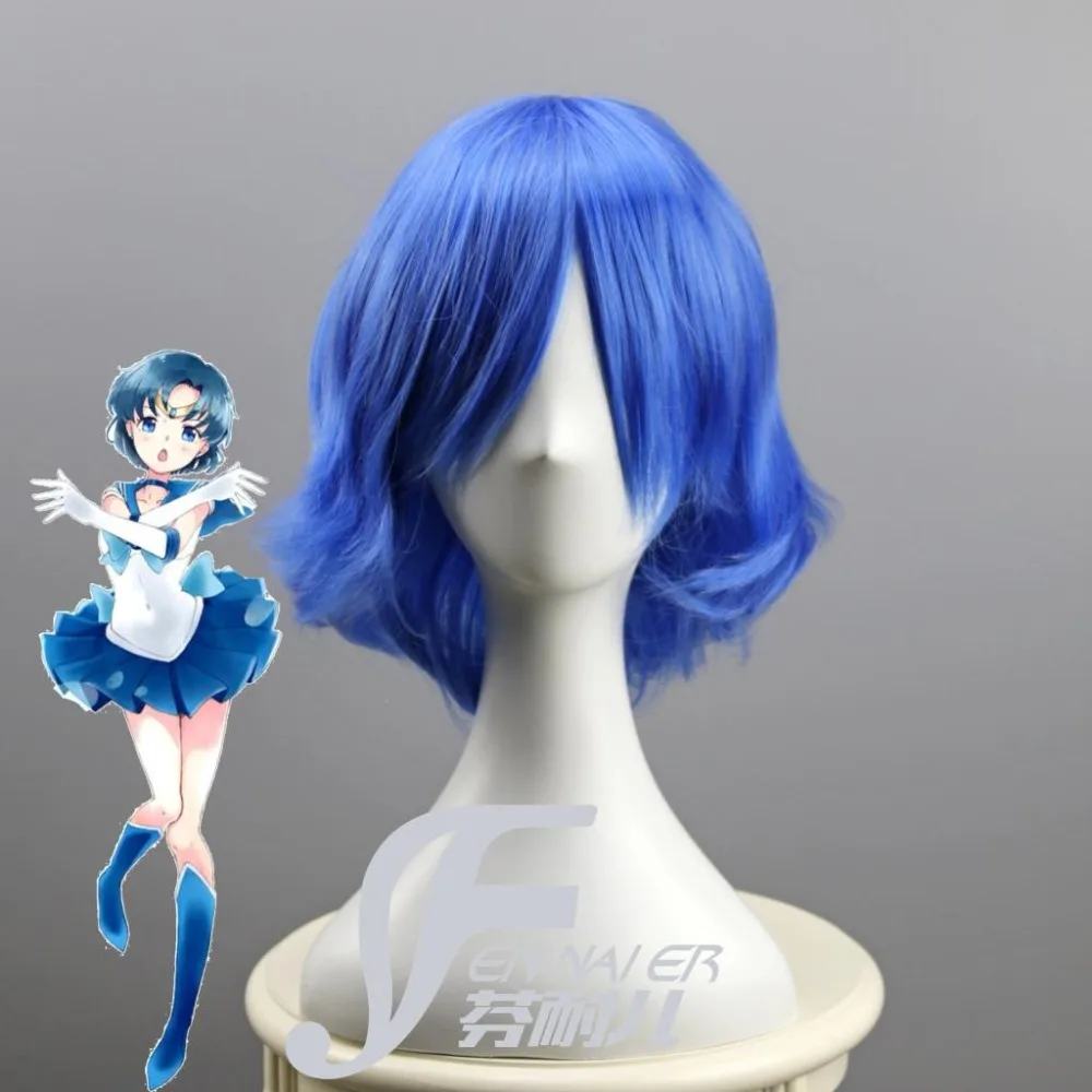 

Sailor Moon Mercury 40cm 15.75" Short Curly Cosplay Wigs High Quality Hair Wig Blue for Women Costume Party +Wig Cap