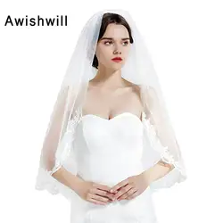 Реальные фотографии белые кружева с аппликацией короткая свадебная вуаль с расческой свадебная вуаль