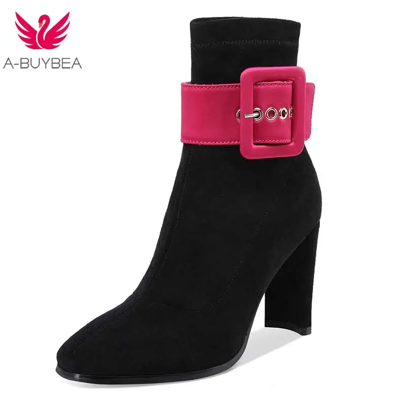 

Women's Ankle Boots Ladies Casual Chunky High Heel Genuine Leather Boots Shoes Female Round Toe Anti-slip Buckle Shoes Slip Ons