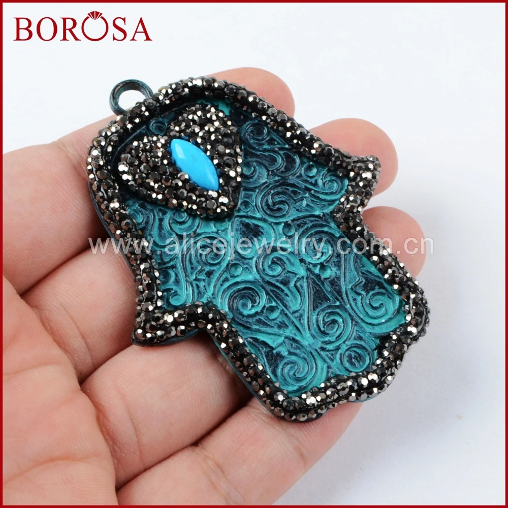 

BOROSA 5PCS Hamsa Hand Rhinestone Pave Crystal Green Bronze Charm Jewelry Necklace Pendant Fashion Jewelry for Women JAB817
