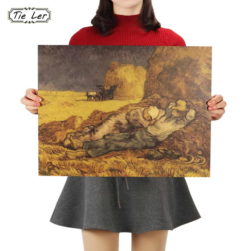 

TIE LER World Painting Rest From Work Retro Kraft Paper Poster Van Gogh The Siesta Home Decorative Painting Wall Sticker 47X36cm