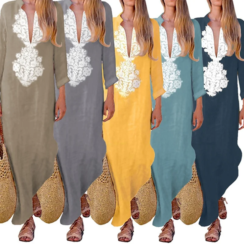

LAAMEI 2018 Womens Paisley Long Sleeve Long Maxi Dress Baggy Cotton Linen Kaftan Dress Loose Abaya Jilbab Muslim Dresses Autumn