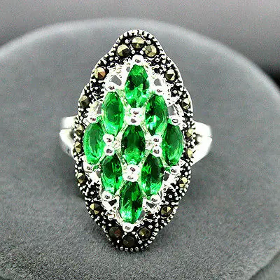 

Art 12X24mm 925 Sterling Silver Green Marcasite Ring Size 7/8/9/10