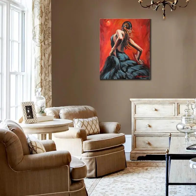 Холст искусство масло женщины портрет, картина Танцовщица фламенко в черном платье импрессионистское произведение искусства для украшения спальни