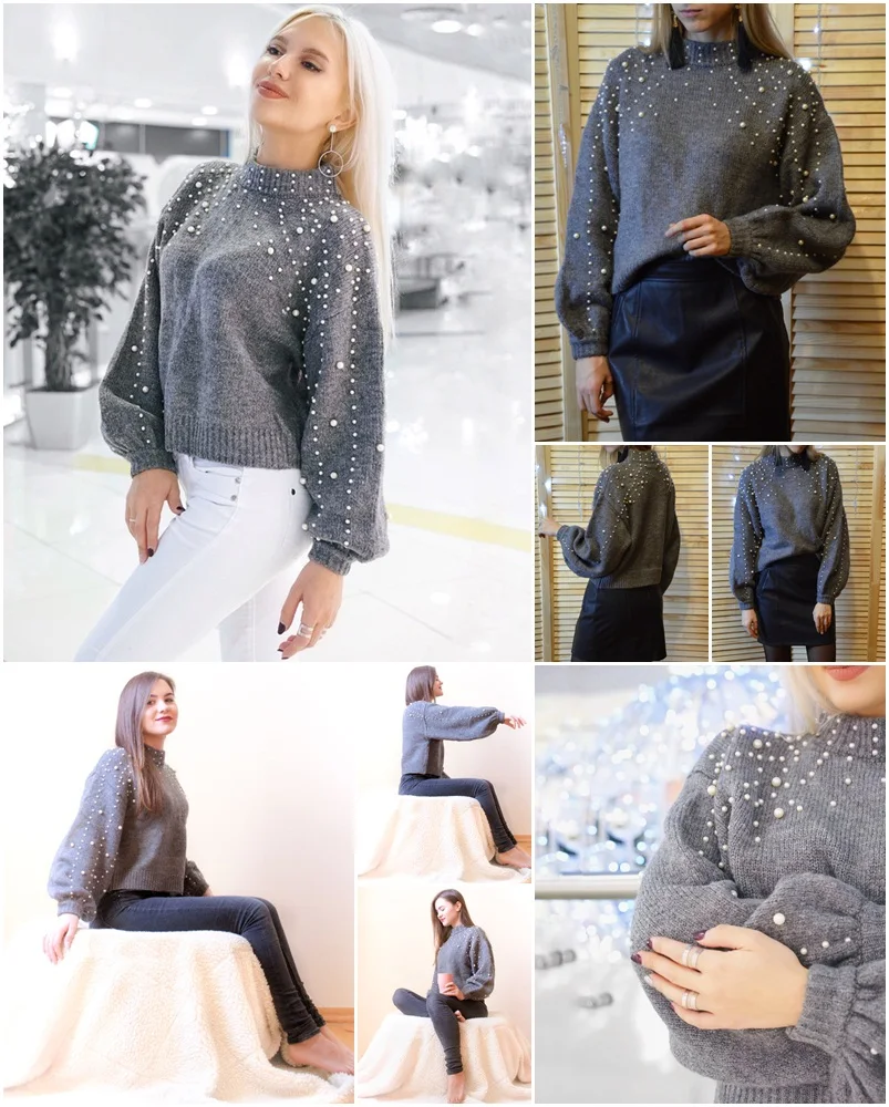 Billig Neue Perle oansatz winter gestrickte pullover Frauen laterne hülse lose grau pullover weibliche Weiche warme herbst lässige jumper Pullover